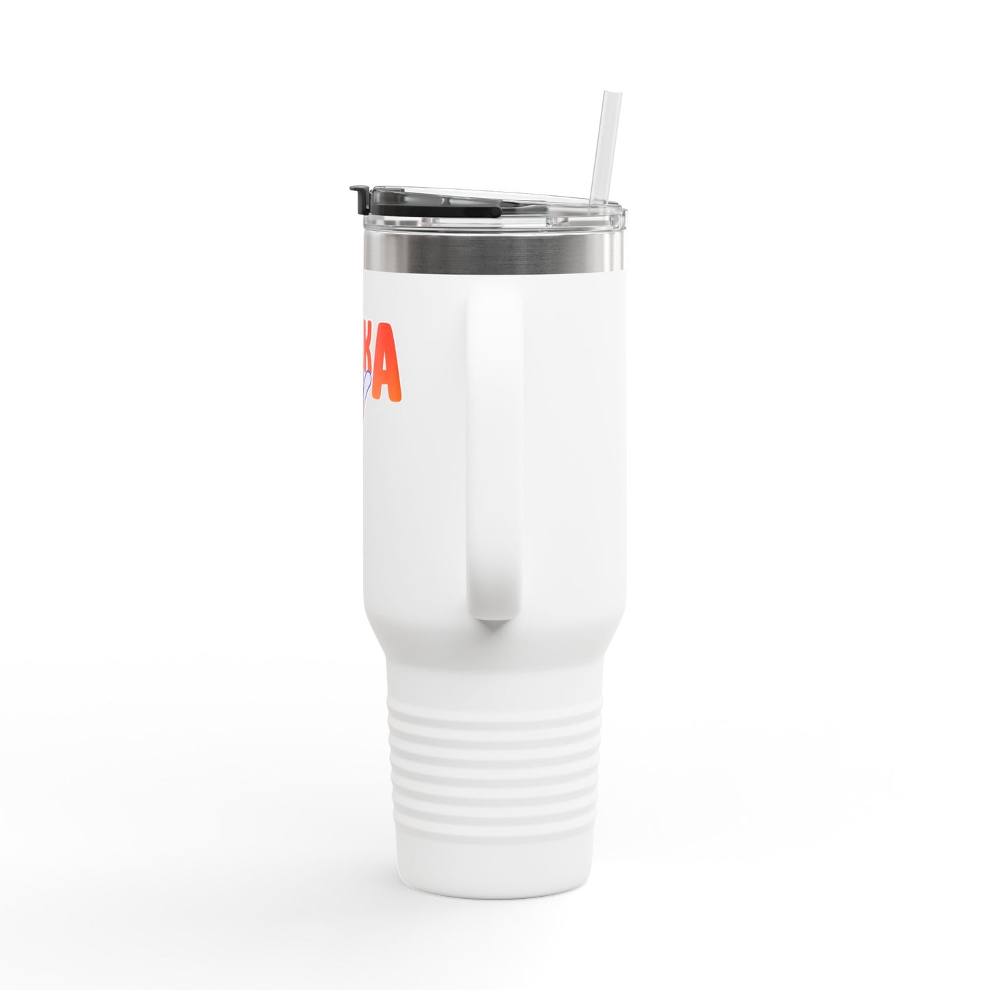 The Printify Insulated Travel Mug, 40oz, with a handle, clear lid, and straw stands upright on a white background. A partial red letter A appears on the left side of its white stainless steel body.