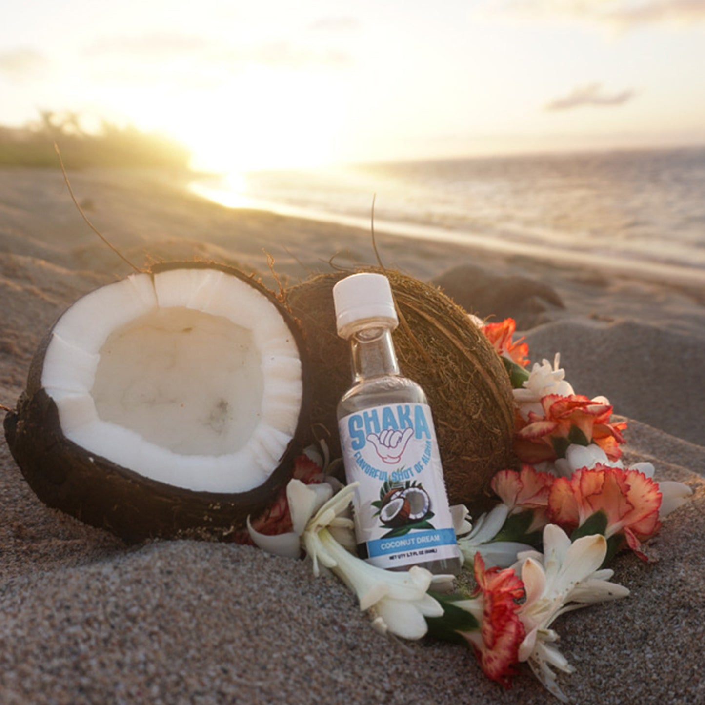 Shaka Coconut Dream on a beach sitting near a coconut and Lei during sunset