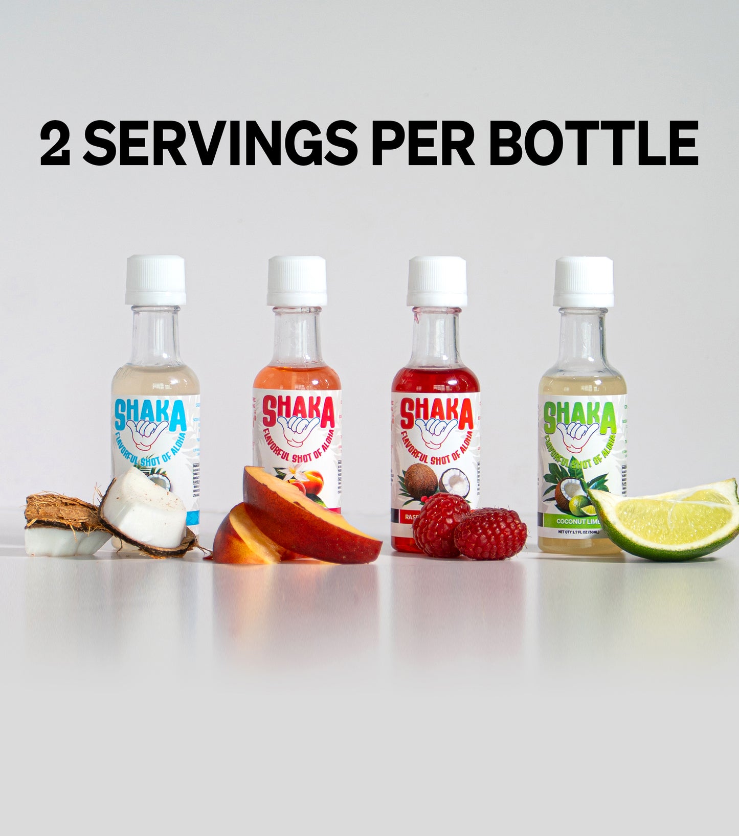 Four bottles of Shaka Pantry Pack sparkling water by Shaka Beverage Company, featuring fruity flavors, are lined up with fruit. Text above states 2 SERVINGS PER BOTTLE. The minimal white background completes the clean look.