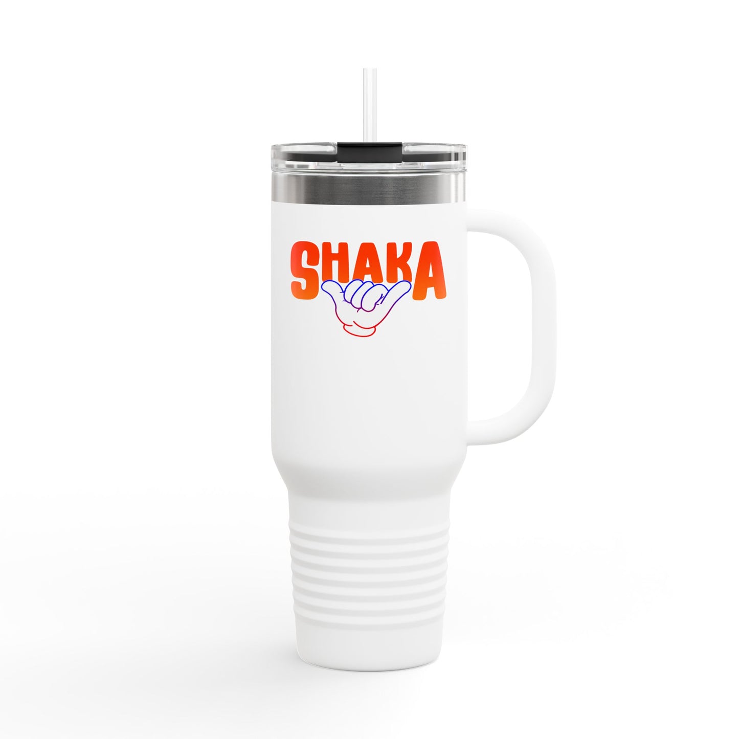 The Printify Insulated Travel Mug, 40oz, is a tall white stainless steel tumbler with a handle and straw, featuring “SHAKA” in bold orange above a purple shaka hand sign, shown against a plain white background.