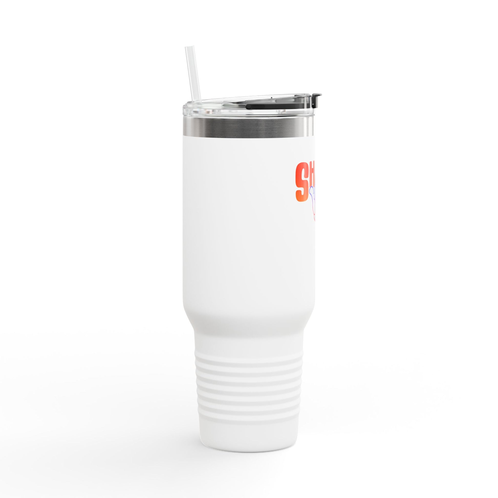 The Printify Insulated Travel Mug, 40oz, is shown with a white stainless steel body, clear lid, straw, ribbed bottom section, and partial red and orange text on its side against a plain background.