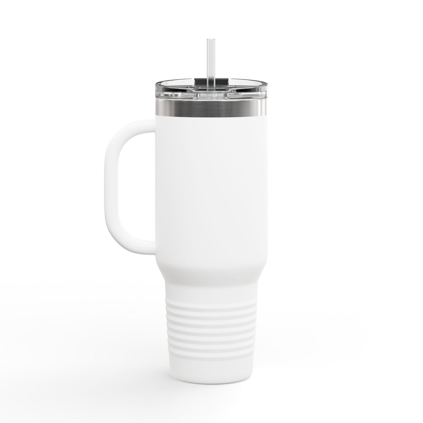 The Printify Insulated Travel Mug, 40oz, is a tall white mug with a stainless steel body, handle, clear lid, reusable straw, and ribbed lower section in a sleek modern design shown on a plain white background.